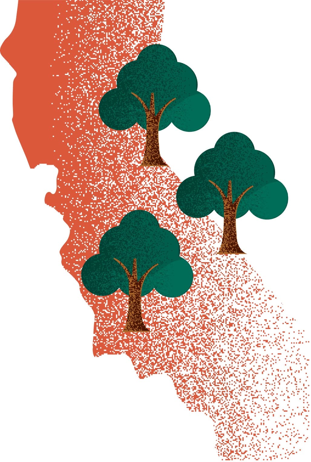 Illustration of three almond trees placed over a stylized map of California.
