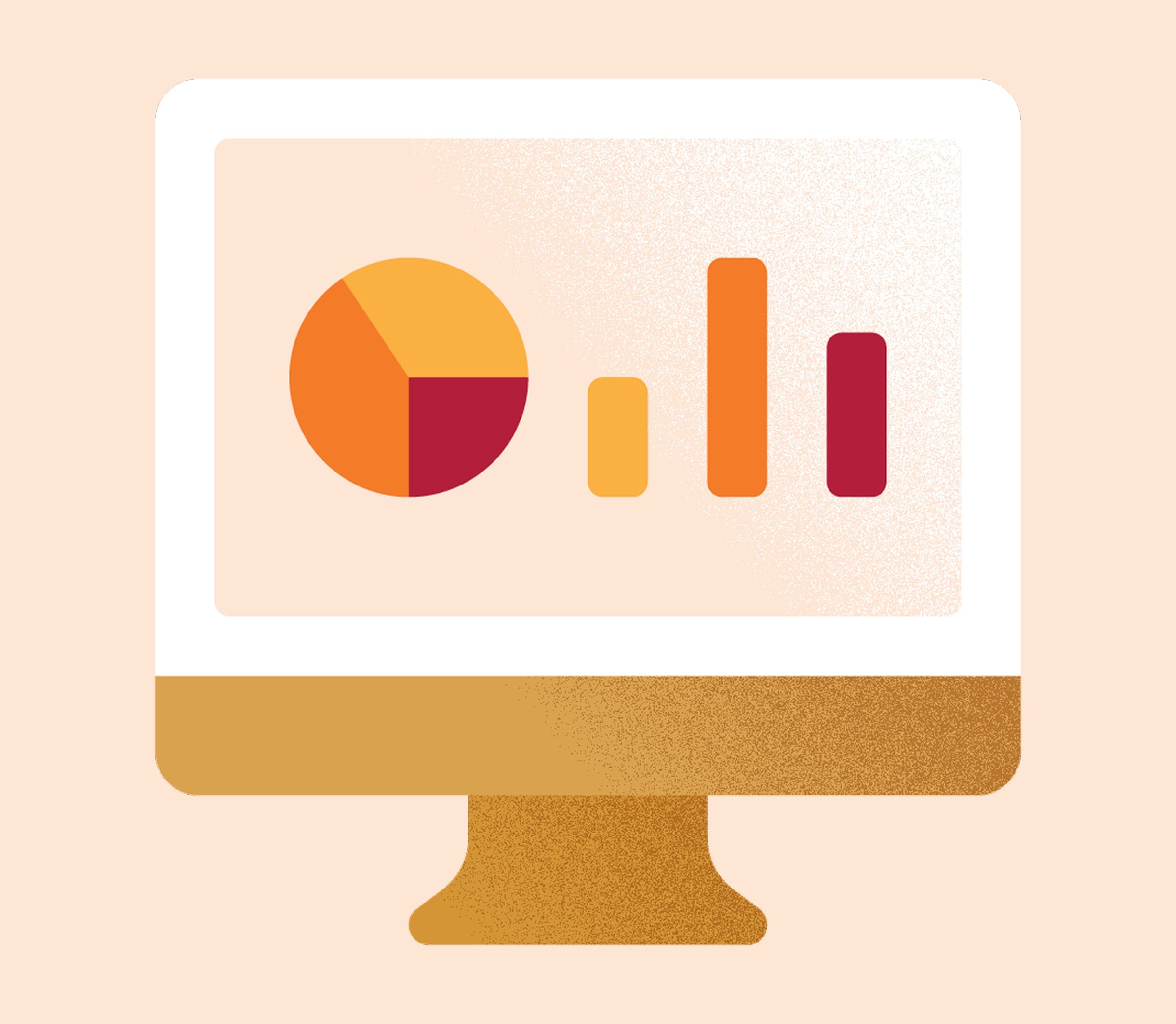 Illustration of a computer monitor displaying a pie chart and bar graphs in warm colors, representing data, research, and insights.