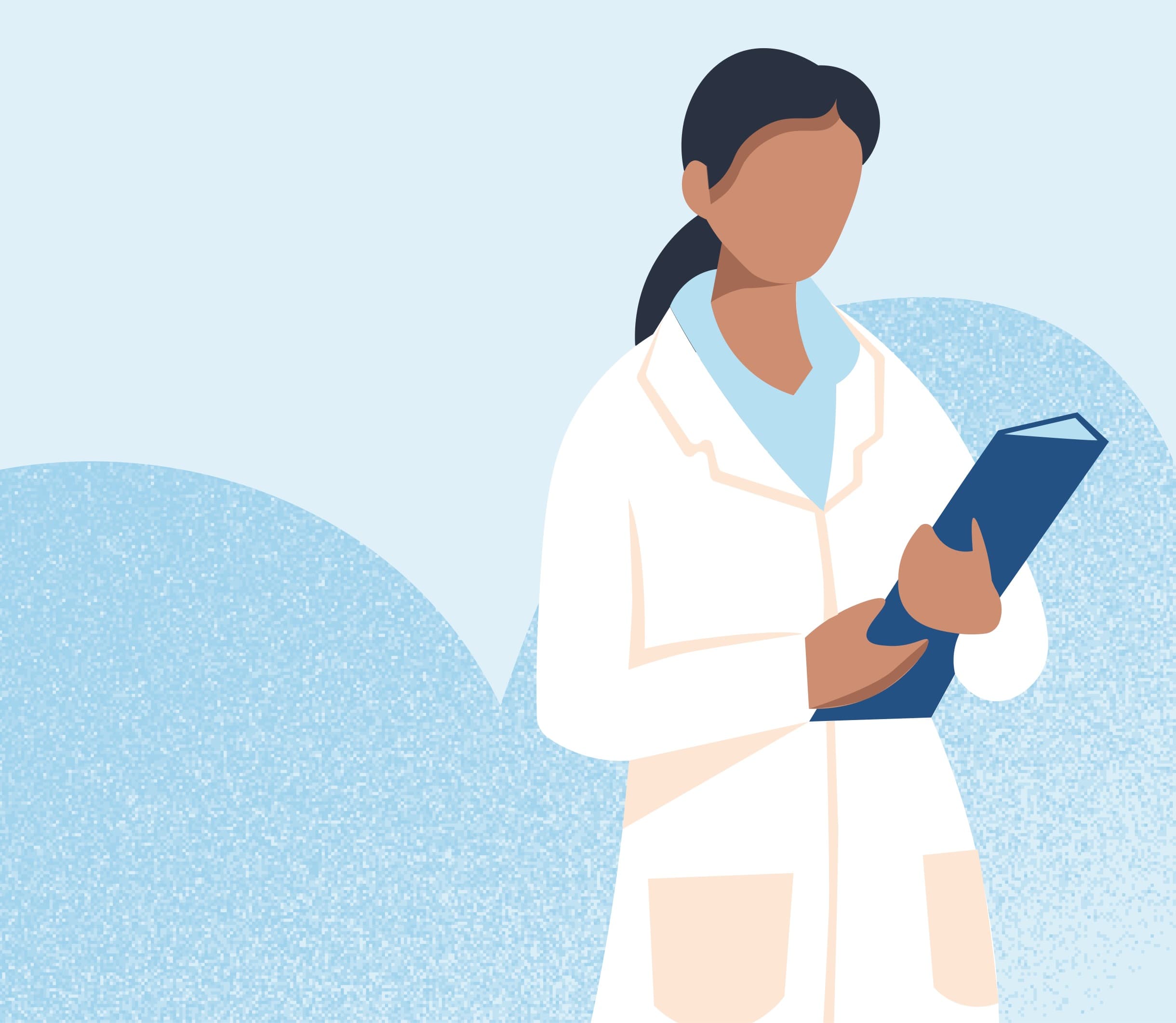 Illustration of a scientist wearing a white lab coat and holding a blue folder, set against a light blue background.
