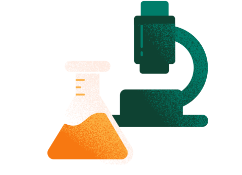 Illustration of a microscope next to a laboratory flask filled with an orange liquid.