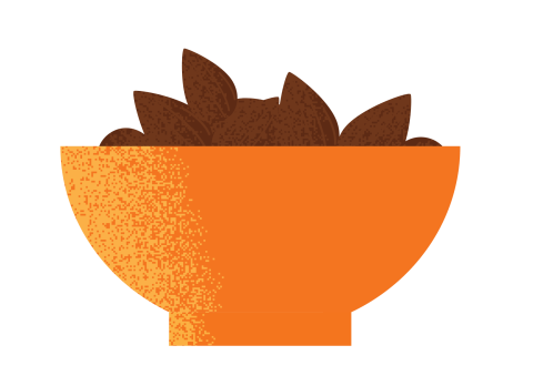 Illustration of an orange bowl filled with brown almond-like pieces.